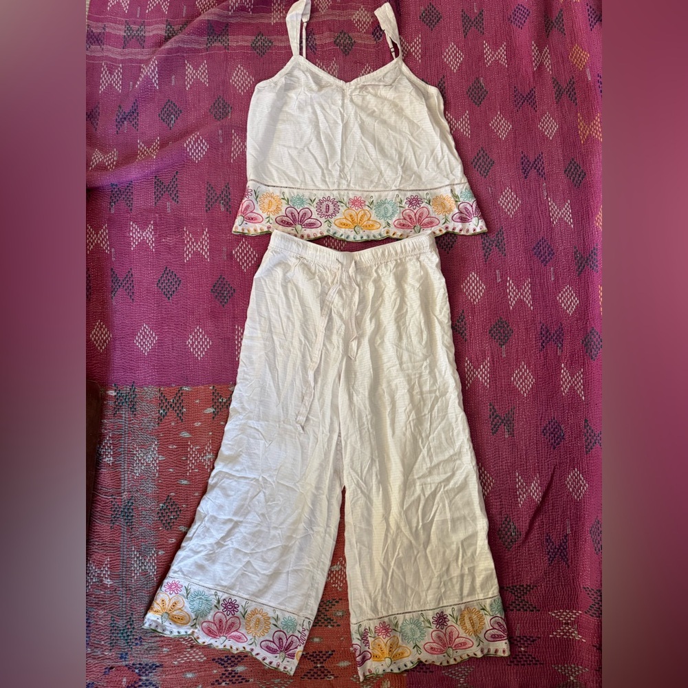 Anthropologie Embroidered Floral Trim Top and Pants Pajama Set